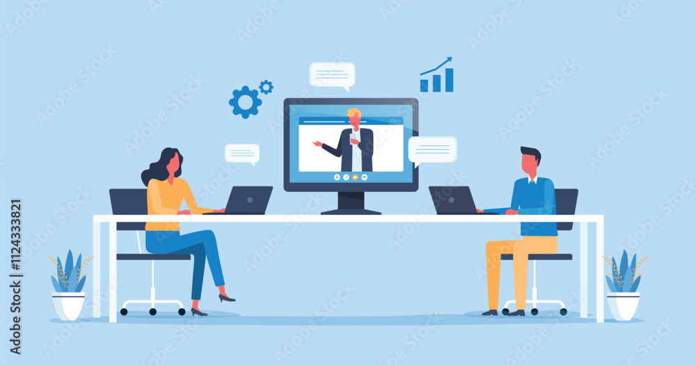 flat illustration business smart working with online video conference meetings.and Business team working meeting online with technology remote connection concept
flat illustration business smart working with online video conference meetings.and Business team working meeting online with technology remote connection concept