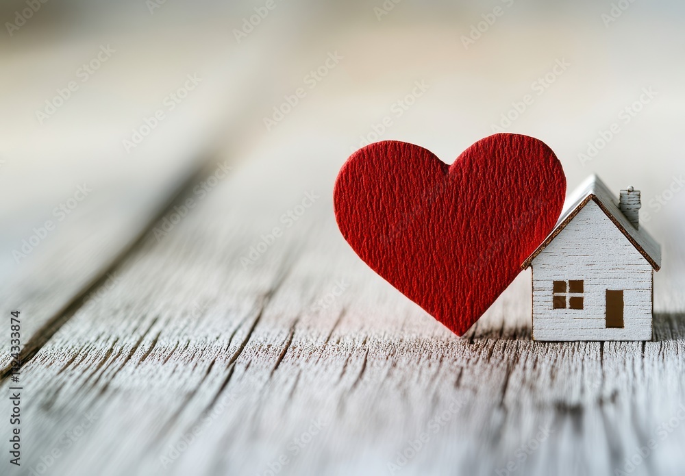 Cozy Home Symbolized by Heart Shape in Front of Tiny Wooden House on Rustic Wooden Surface Reflecting Love and Affection for Family and Shelter Cozy Home Symbolized by Heart Shape in Front of Tiny Wooden House on Rustic Wooden Surface Reflecting Love and Affection for Family and Shelter