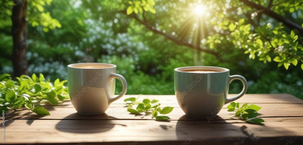warm coffee in a ceramic cup on wooden table amidst green spring leaves and blooming trees with gentle sunlight filtering through , wooden table, outdoor warm coffee in a ceramic cup on wooden table amidst green spring leaves and blooming trees with gentle sunlight filtering through , wooden table, outdoor