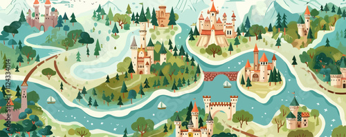 Detailed map of a whimsical fairy tale kingdom with castles, forests, and rivers, flat, vector illustration, vintage hand drawn.