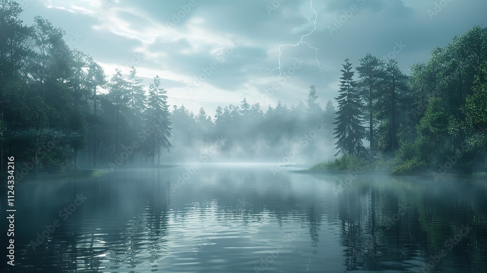 Fototapeta premium A tranquil river bending through a misty forest.