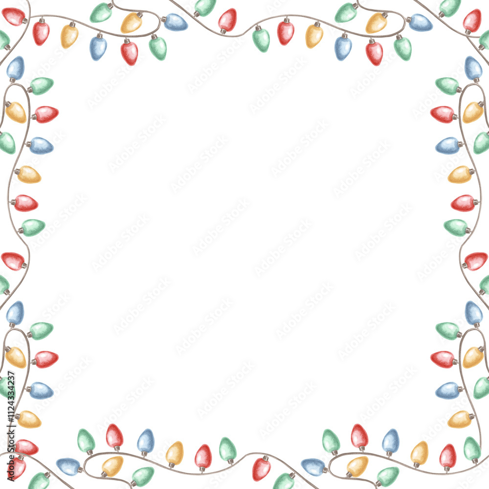 Garland from Christmas lights. Template postcard with copy space. Hand drawn watercolor illustration isolated. Glowing bulbs hanging on a string. Winter holiday background for card, textile, wrapping. Garland from Christmas lights. Template postcard with copy space. Hand drawn watercolor illustration isolated. Glowing bulbs hanging on a string. Winter holiday background for card, textile, wrapping.