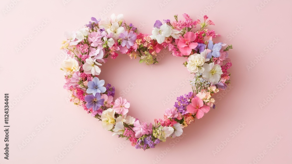 Charming Floral Heart Wreath on Soft Pink Background Charming Floral Heart Wreath on Soft Pink Background