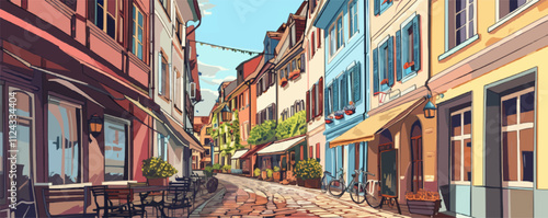 Detailed market street in an old European town with cobblestone streets, flat, vector illustration, Sketch.