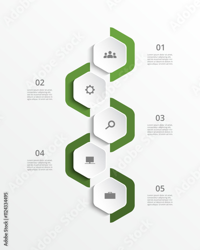 Green vertical infographic template with 5 steps, options, parts or processes.