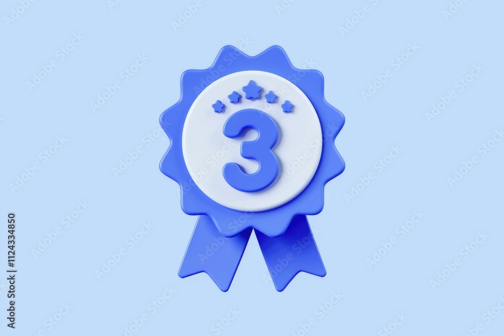 A 3D rendered blue award badge with five stars and a number three, signifying third place or a three-star rating. A 3D rendered blue award badge with five stars and a number three, signifying third place or a three-star rating.