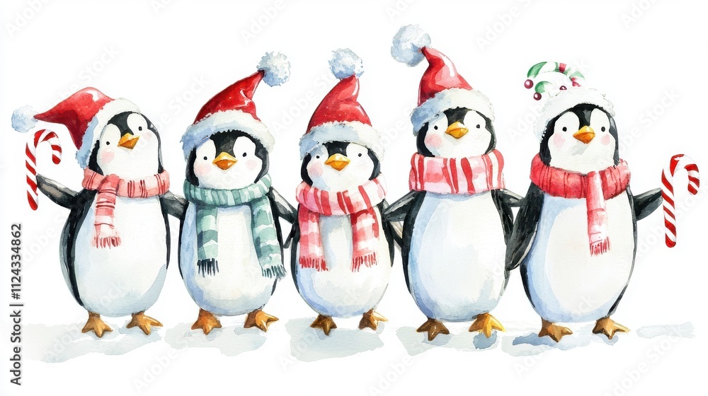 Fototapeta premium A cheerful group of festive penguins wearing Santa hats and scarves, celebrating the holiday season with candy canes.