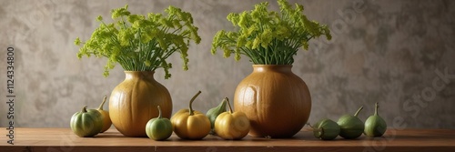 Wooden surface with sponge gourds and fresh green ridge gourds in a vase, vase, decorative, centerpiece photo