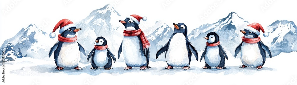 Fototapeta premium A festive gathering of cheerful penguins in winter attire, set against a snowy mountainous backdrop.