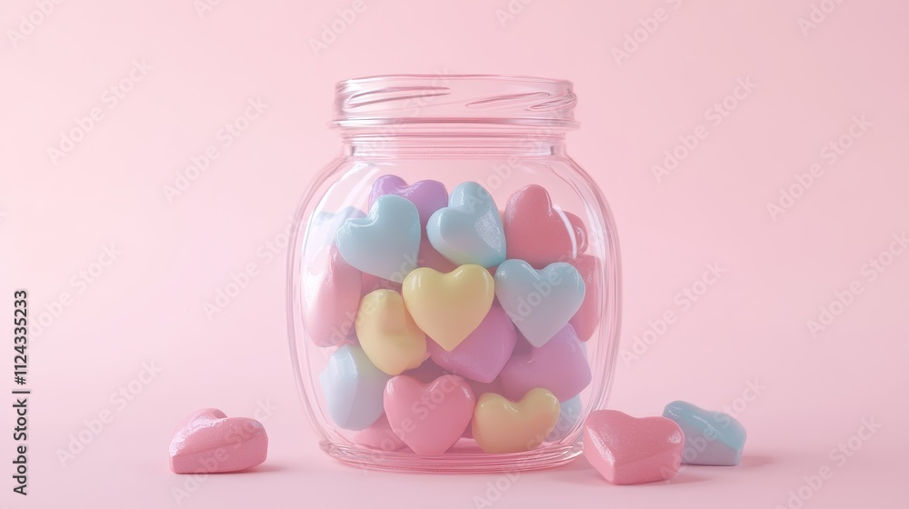 Colorful Heart-Shaped Candies in a Glass Jar Against a Pink Background Colorful Heart-Shaped Candies in a Glass Jar Against a Pink Background