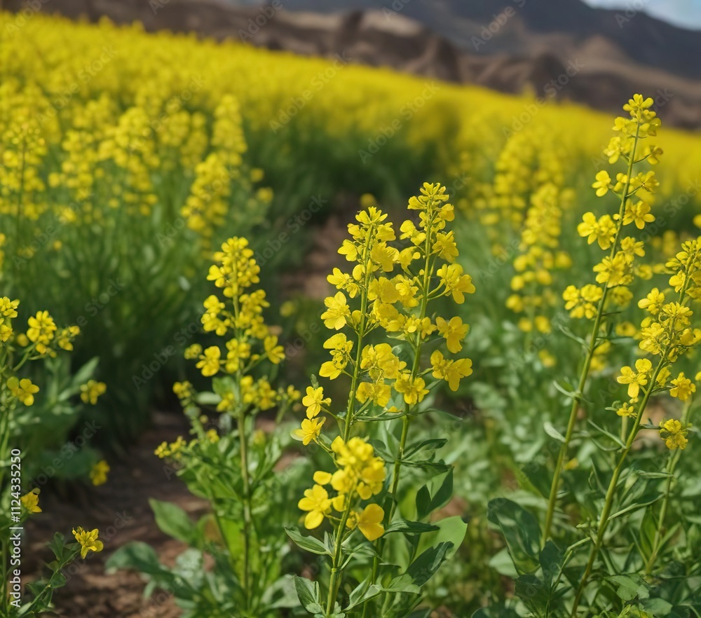 Fototapeta premium Yellow rapeseed flowers blooming in the field, golden hues, trees