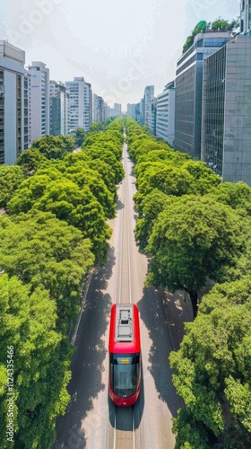 Vibrant Urban Greenery and Modern Red Tram in a Sustainable Cityscape #1124335466