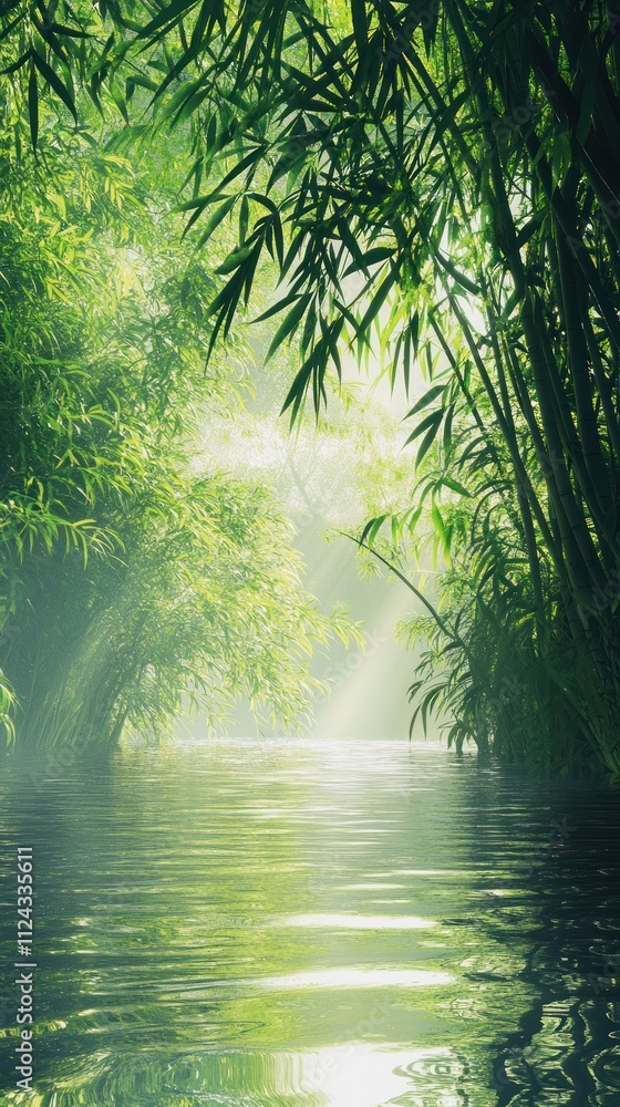 Sunlit Bamboo River Creating Serene Calm Atmosphere Sunlit Bamboo River Creating Serene Calm Atmosphere
