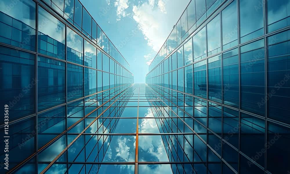 Low-angle view of modern glass skyscraper reflecting blue sky and clouds. (1) Low-angle view of modern glass skyscraper reflecting blue sky and clouds. (1)