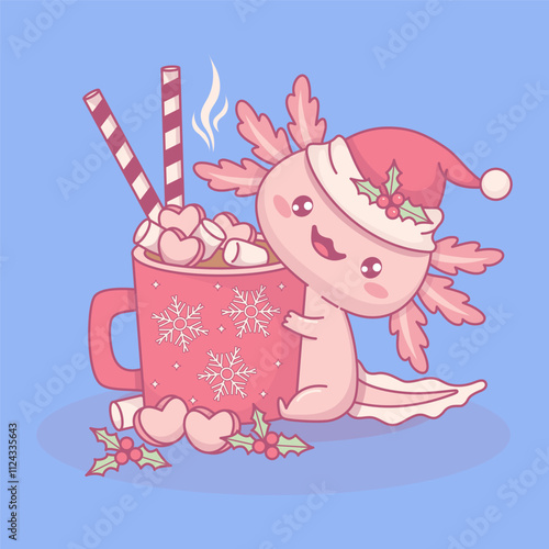 Cute Christmas Axolotl in Santa hat with festive red cup Hot Cocoa with Marshmallows, striped candy and holly. New Year funny little cartoon kawaii character. Vector illustration. Kids collection