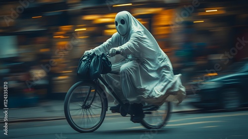 A cute white ghost riding a bicycle at full speed down a street, Photography design,


 photo