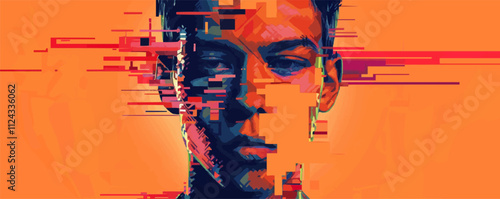 Digital glitch portrait with pixelated effects and distorted features, flat portrait, vector illustration.