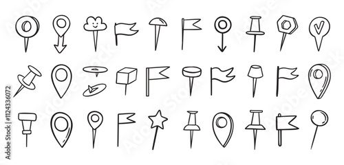 Pins hand drawn doodle set. Pin line drawing style for planner or map. Pins variable icons
