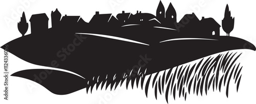 Silhouette of a village with fields black and white