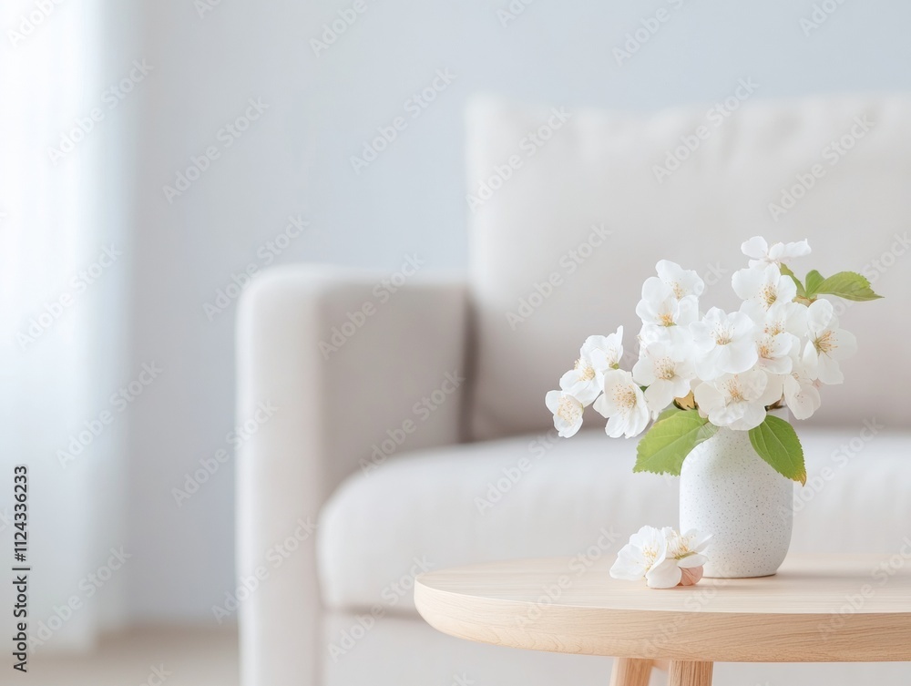 Minimalist Spring Living Room with Neutral Tones and Fresh Floral Accents Minimalist Spring Living Room with Neutral Tones and Fresh Floral Accents