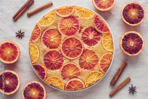 Delisious freshly baked homemade blood orange upside-down cake, top view on neutral background. Popular winter holiday dessert.