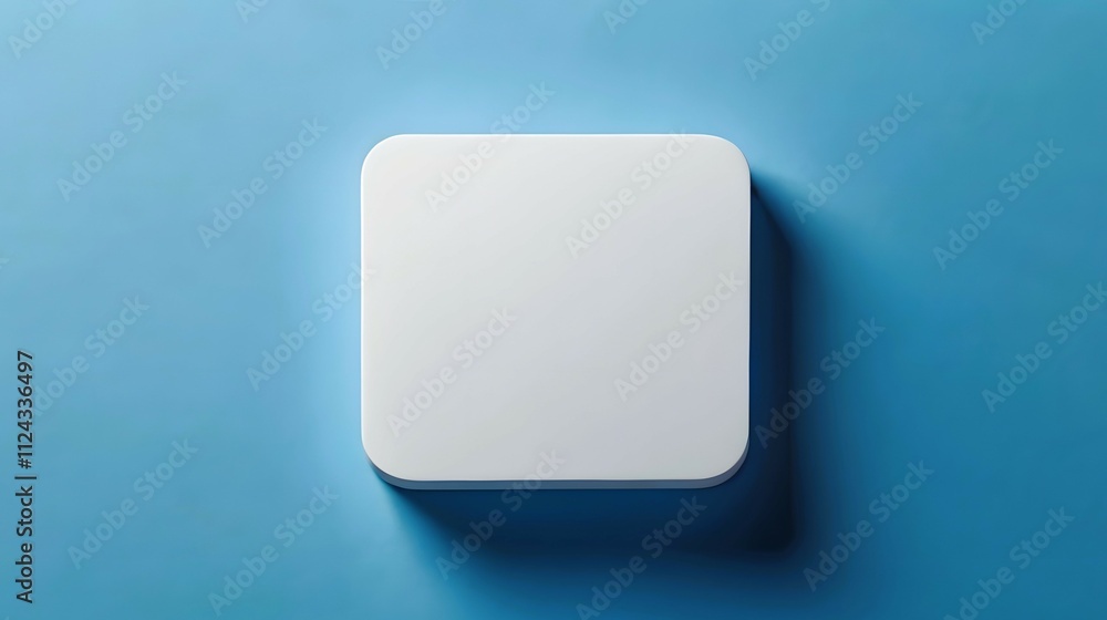Minimal empty white app logo mockup square 3d object isolated on vibrant blue background, blank branding mockups presentation of application logos Minimal empty white app logo mockup square 3d object isolated on vibrant blue background, blank branding mockups presentation of application logos