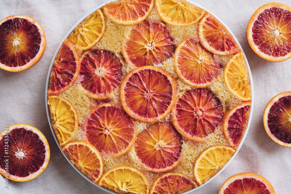 Delisious freshly baked homemade blood orange upside-down cake, close up, view from above. Popular winter holiday dessert. Delisious freshly baked homemade blood orange upside-down cake, close up, view from above. Popular winter holiday dessert.