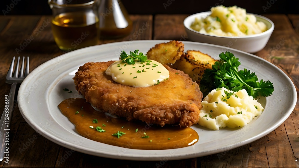Delicious golden brown crispy fried chicken schnitzel with creamy mashed potato, homemade meat food cuisine Delicious golden brown crispy fried chicken schnitzel with creamy mashed potato, homemade meat food cuisine