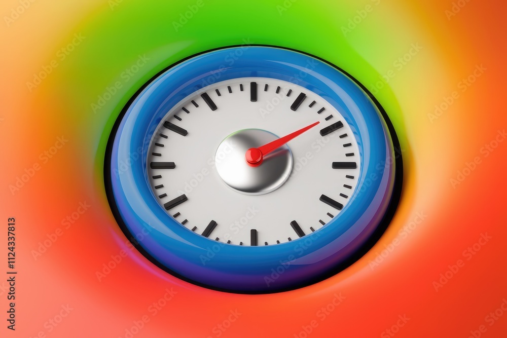 A vibrant, colorful clock face displays the time, showcasing a blend of bold hues and precise timekeeping. A vibrant, colorful clock face displays the time, showcasing a blend of bold hues and precise timekeeping.