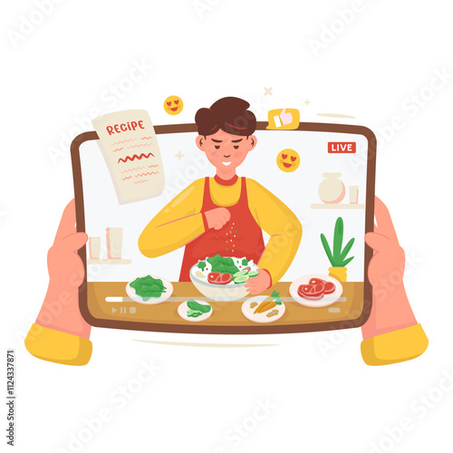 Food vlogger character with online cooking tutorial vector illustration