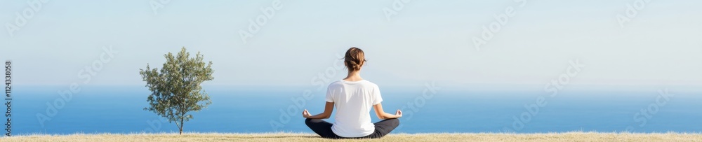 Serene Yoga Meditation by the Sea Embracing Nature and Tranquility on a Grassy Hill Serene Yoga Meditation by the Sea Embracing Nature and Tranquility on a Grassy Hill