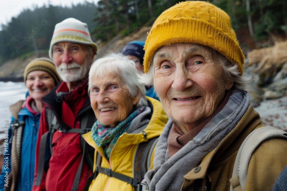 Group of senior friends on a hike in the mountains. Selective focus. Group of senior friends on a hike in the mountains. Selective focus.