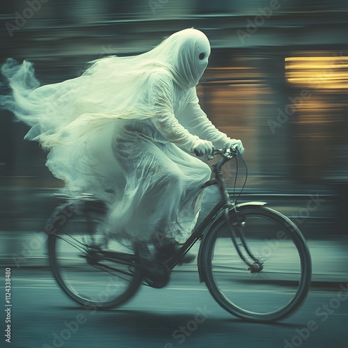 A cute white ghost riding a bicycle at full speed down a street, Photography design,


 photo