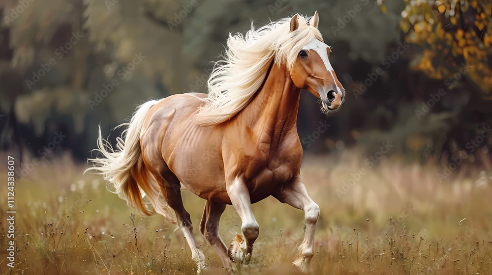 Obraz premium Palomino Horse in Autumn Meadow: A majestic palomino horse with a flowing, golden mane and tail gallops freely across a sun-drenched autumn meadow, embodying power, grace, and untamed beauty.