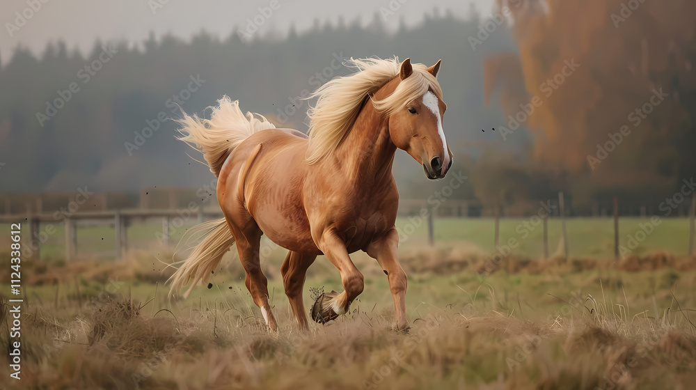 Golden Palomino's Gallop: A stunning palomino horse with a flowing blonde mane and tail gallops freely across a golden field, its energy and grace captured in a breathtaking moment. Golden Palomino's Gallop: A stunning palomino horse with a flowing blonde mane and tail gallops freely across a golden field, its energy and grace captured in a breathtaking moment.