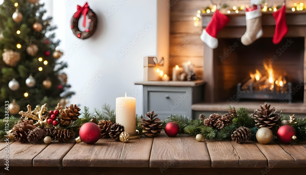 christmas time and desk of free space for your decoration. A warm and inviting Christmas-themed setup with a rustic wooden desk surrounded by festive decorations, including fir branches, pine cones christmas time and desk of free space for your decoration. A warm and inviting Christmas-themed setup with a rustic wooden desk surrounded by festive decorations, including fir branches, pine cones