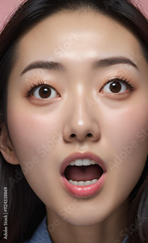 Photo of shocked Surprised Happy Mood Female Face Close up, Surprised, Happy, Gesture, clear skin, Generated with AI