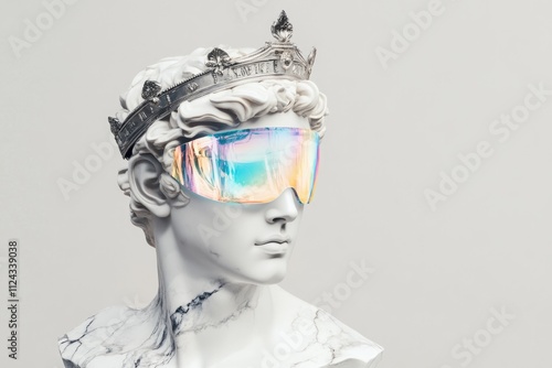 Marble Bust with Holographic Crown and Futuristic Visor for Modern Art Design