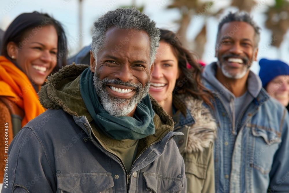 Portrait of happy african american man with group of friends outdoors Portrait of happy african american man with group of friends outdoors