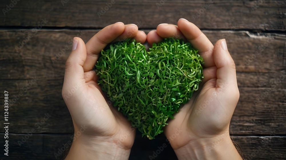 Hands holds heart-shaped green plant, love for nature & environmental sustainability. Care, greenery, connection & ecological awareness Hands holds heart-shaped green plant, love for nature & environmental sustainability. Care, greenery, connection & ecological awareness