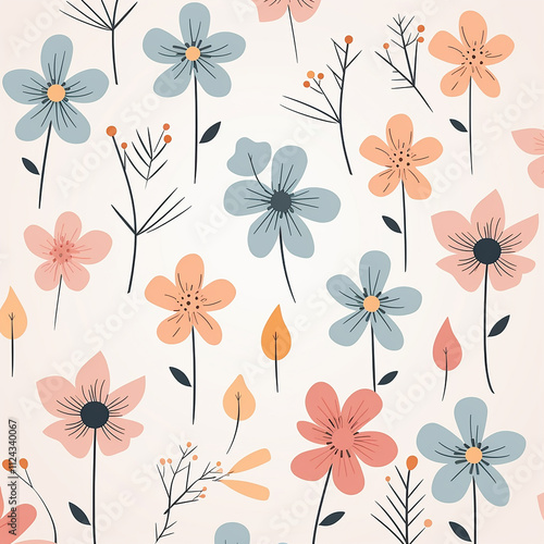 Wallpaper Mural Flowers, pattern with simple wildflowers, pastel colors, wallpaper. Torontodigital.ca