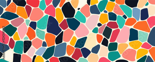 Combine overlapping, irregular polygons in bright colors for a playful, modern look, vector pattern background, flat style.