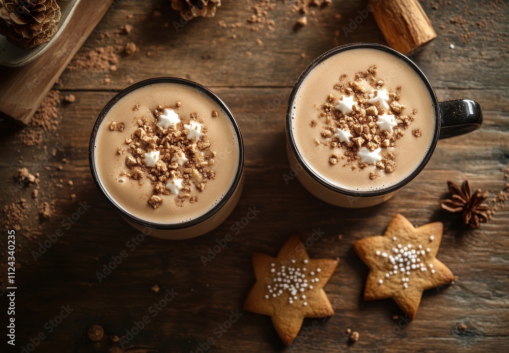 Cozy Winter Scene with Two Cups of Creamy Hot Beverage Topped with Crunchy Toppings, Accompanied by Festive Gingerbread Cookies on a Rustic Wooden Table Cozy Winter Scene with Two Cups of Creamy Hot Beverage Topped with Crunchy Toppings, Accompanied by Festive Gingerbread Cookies on a Rustic Wooden Table