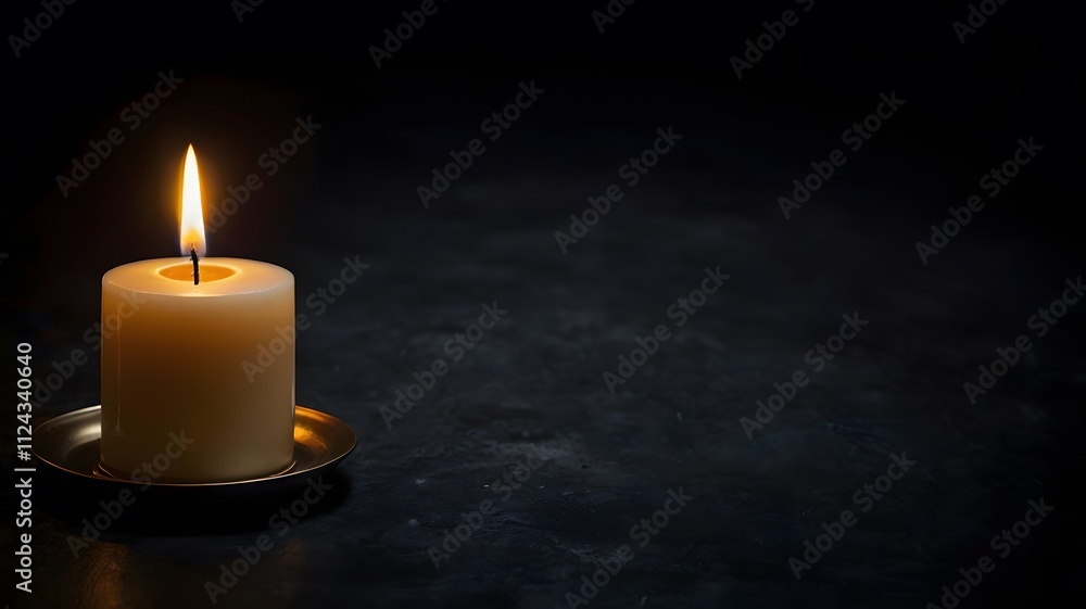 Single light flame candle with flowing wax on dark background, empty space. Calm, serenity & introspection for relaxation meditation & solemn occasions Single light flame candle with flowing wax on dark background, empty space. Calm, serenity & introspection for relaxation meditation & solemn occasions
