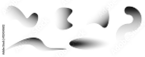 Halftone dotwork abstract noise fluid grain gradient elements. Pointillism gradient pattern in dotwork style. Stipple halftone effect. Dotted set of shapes, stipple elements. Vector background