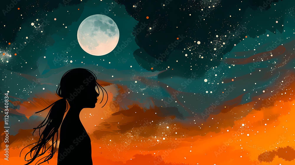 Night Sky Dreamer: A silhouetted girl gazes at a breathtaking night sky, filled with a vibrant orange sunset, a large moon, and a myriad of twinkling stars. The scene evokes a sense of wonder, peace. Night Sky Dreamer: A silhouetted girl gazes at a breathtaking night sky, filled with a vibrant orange sunset, a large moon, and a myriad of twinkling stars. The scene evokes a sense of wonder, peace.