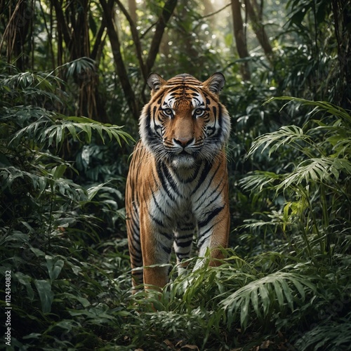 A regal tiger walking through a dense jungle, with soft light filtering through the foliage. photo