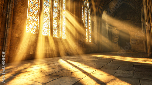 Sunlight streams through stained glass in a medieval cathedral, filling the sacred space with warm, golden tones and long shadows photo