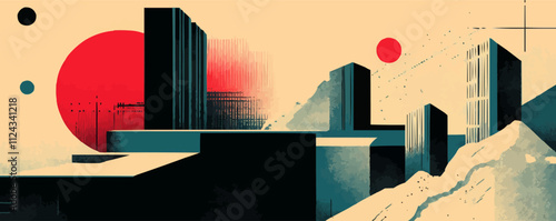 Combine minimalist symbols with Brutalist geometric forms for a unique visual style. Ideal for contemporary branding and graphic design, vector illustration, flat style.