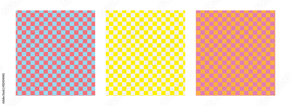 Set of abstract seamless checkered patterns in y2k style. Trendy retro psychedelic checkerboard backgrounds in 90s, 00s style. Hippie, trippy patterns with distorted cage Set of abstract seamless checkered patterns in y2k style. Trendy retro psychedelic checkerboard backgrounds in 90s, 00s style. Hippie, trippy patterns with distorted cage